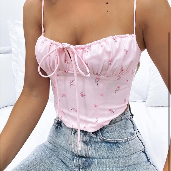 White Fox String Them Along Pink Floral Bustier Top Size XL - Picture 2 of 7